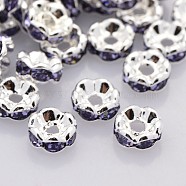Brass Rhinestone Spacer Beads, Grade A, Wavy Edge, Silver Color Plated, Rondelle, Tanzanite, 6x3mm, Hole: 1mm(RB-A014-L6mm-18S)