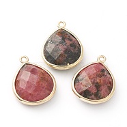 Natural Rhodonite Pendants, with Golden Brass Edge, Faceted, Teardrop, 22x16.5x6mm, Hole: 1.5mm(G-B009-06G-B)