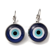 Evil Eye Glass Leverback Earrings with Brass Earring Pins, Midnight Blue, 29mm(EJEW-Q798-01L)