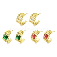 Glass Square Stud Earrings, Rack Plating Real 18K Gold Plated Brass Split Earrings, Long-Lasting Plated, Lead Free & Cadmium Free, Mixed Color, 20x10mm(EJEW-A028-60G)