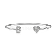 Heart & Letter Rhodium Plated 925 Sterling Silver Micro Pave Cubic Zirconia Cuff Bangles for Women, Letter B, 0.2~0.8cm, Inner Diameter: 1-7/8x2-1/4 inch(4.85x5.65cm) (BJEW-C062-01B-P)