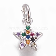 Brass Micro Pave Cubic Zirconia Charms, Star, Colorful, Platinum, 8.5x7x2mm, Hole: 3mm(ZIRC-E145-78P)