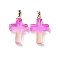 Two Tone Transparent Glass Pendants, with Golden Plated Iron Findings, Cross, Orange, 28.5x18x4.5mm, Hole: 5.5x3mm(GLAA-A004-02B)