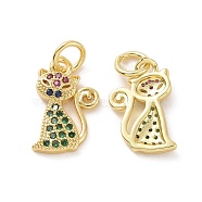 Brass Micro Pave Cubic Zirconia Pendants, with Jump Ring, Real 18K Gold Plated, Cat Charms, Colorful, 14x9x2mm, Jump Ring: 5x0.8mm, Inner Diameter: 3.2mm(KK-E068-VF121)