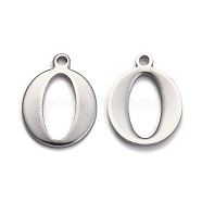 304 Stainless Steel Alphabet Charms, Stainless Steel Color, Letter.O, 12.5x9x1mm, Hole: 1mm(STAS-H122-O-P)