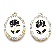 Rack Plating Alloy Enamel Pendants, with Crystal Rhinestone, Cadmium Free & Nickel Free & Lead Free, Light Gold, Oval with Flower of Life, Black, 27x19.5x2.5mm, Hole: 1.6~1.8mm(PALLOY-S132-337B)