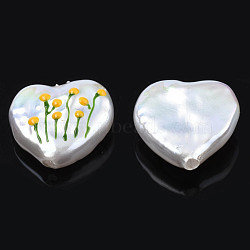 ABS Plastic Imitation Pearl Beads, with Enamel, Half Drilled, Heart with Flower, Gold, 13.5~14x14x5mm, Half Hole: 1.2mm(KY-N015-91)