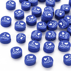 Handmade Polymer Clay Beads, Mother's Day Theme, Flat Round with Word I Love MOM, Blue, 8~9.5x3.5~4.5mm, Hole: 1.5mm(X1-CLAY-T019-11C)