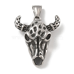 304 Stainless Steel Pendants, Cattle Charm, Antique Silver, 36x31x13.5mm, Hole: 7.5x3.5mm(STAS-Z097-05AS)