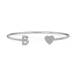 Anti-Tarnish Heart & Letter Rhodium Plated 925 Sterling Silver Micro Pave Cubic Zirconia Cuff Bangles for Women, Letter B, 0.2~0.8cm, Inner Diameter: 1-7/8x2-1/4 inch(4.85x5.65cm)(BJEW-C062-01B-P)