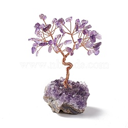 Natural Amethyst Tree Display Decoration, Druzy Amethyst Base Feng Shui Ornament for Wealth, Luck, Rose Gold Brass Wires Wrapped, 45~52x45~75x93~107mm(DJEW-G027-05RG-01)