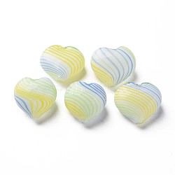 Handmade Blown Glass Globe Beads, Stripe Pattern, Heart, Yellow, 19.5~20.5x20~23x11~14mm, Hole: 1.4~1.6mm(GLAA-T012-41)
