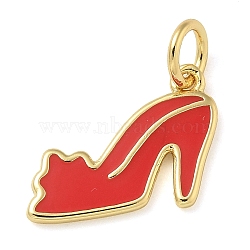 Rack Plating Brass Enamel Charmss, with Jump Ring, Long-Lasting Plated, Lead Free & Cadmium Free, Real 18K Gold Plated, High-heeled Shoes Charm, Red, 10x14x1mm, Hole: 3mm(KK-K392-16A-03)