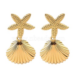 304 Stainless Steel Stud Earrings, Starfish with Shell Shape, Golden, 37x20.5mm(STAS-Z101-06G)