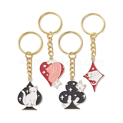 4Pcs 4 Styles Alloy Enamel Pendants Keychain, with Iron Keychain Ring, Playing Cards with Cat, Mixed Color, 8.2~8.6cm, 1pcs/style(KEYC-JKC00578)