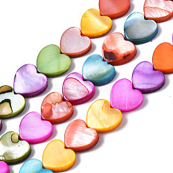 Natural Freshwater Shell Beads Strands, Dyed, Heart, Mixed Color, 9~10x10x2~3mm, Hole: 0.8mm, about 44pcs/strand, 15.75 inch(40cm)(SHEL-S278-024A)