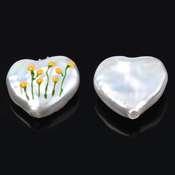 ABS Plastic Imitation Pearl Beads, with Enamel, Half Drilled, Heart with Flower, Gold, 13.5~14x14x5mm, Half Hole: 1.2mm
