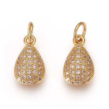 Brass Pendants, with Micro Pave Cubic Zirconia, teardrop, Clear, Golden, 12x7.5x3.5mm, Hole: 3.5mm