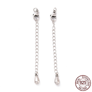 925 Sterling Silver Chain Extenders, with Lobster Claw Clasps & Charms, Teardrop, Antique Silver, 65x2.5mm, Hole: 2.4mm