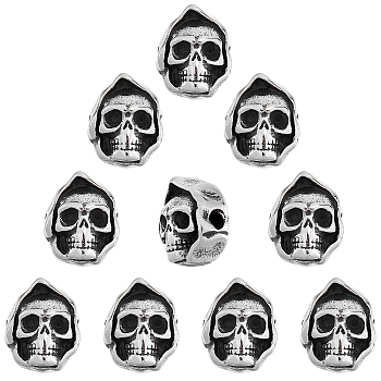10Pcs Halloween 304 Stainless Steel Beads, Skull Head, Antique Silver, 13x10.5x9mm, Hole: 2mm