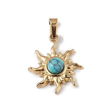 Ion Plating(IP) 304 Stainless Steel with Synthetic Turquoise Sun Charms, Golden, 12.5x14x4mm, Hole: 3x4mm