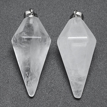 Natural Quartz Crystal Pointed Pendants, Rock Crystal Pendants, with Brass Findings, Bullet, Platinum, 38.5x16x14.5mm, Hole: 5x8mm