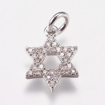 Brass Micro Pave Cubic Zirconia Charms, for Jewish, Star of David, Platinum, 13.5x10x2mm, Hole: 3mm