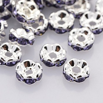 Brass Rhinestone Spacer Beads, Grade A, Wavy Edge, Silver Color Plated, Rondelle, Tanzanite, 6x3mm, Hole: 1mm