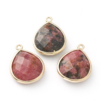 Natural Rhodonite Pendants, with Golden Brass Edge, Faceted, Teardrop, 22x16.5x6mm, Hole: 1.5mm