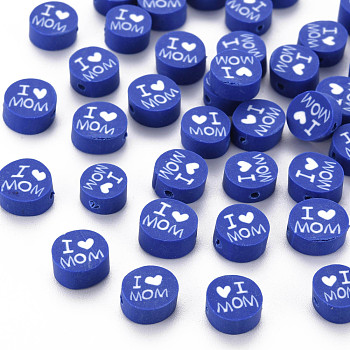 Handmade Polymer Clay Beads, Mother's Day Theme, Flat Round with Word I Love MOM, Blue, 8~9.5x3.5~4.5mm, Hole: 1.5mm