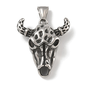 304 Stainless Steel Pendants, Cattle Charm, Antique Silver, 36x31x13.5mm, Hole: 7.5x3.5mm