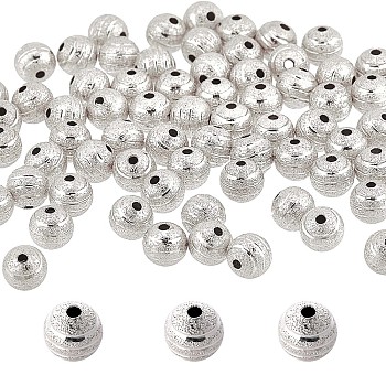 100Pcs Textured Round Brass Beads, Silver, 8mm, Hole: 1.2mm