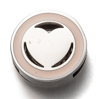 304 Stainless Steel Slide Charms, Enamel Style, Flat Round with Heart, Bisque, Stainless Steel Color, 12x3.5mm, Hole: 8x1.5mm