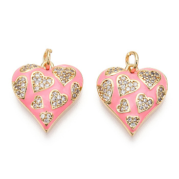 Real 18K Gold Plated Brass Micro Pave Clear Cubic Zirconia Pendants, with Jump Ring & Enamel, Heart Charm, Pink, 17x16.5x4mm, Hole: 3.5mm