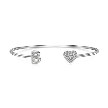 Heart & Letter Rhodium Plated 925 Sterling Silver Micro Pave Cubic Zirconia Cuff Bangles for Women, Letter B, 0.2~0.8cm, Inner Diameter: 1-7/8x2-1/4 inch(4.85x5.65cm) 