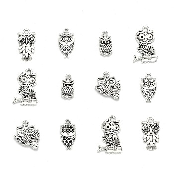 Tibetan Style Alloy Pendants, Owl, Mixed Style, Halloween, Antique Silver, 14.5~57x10.5~35.5x2~6mm, Fit for 1.5~4.5mm Rhinestone, Hole: 1.5~3mm