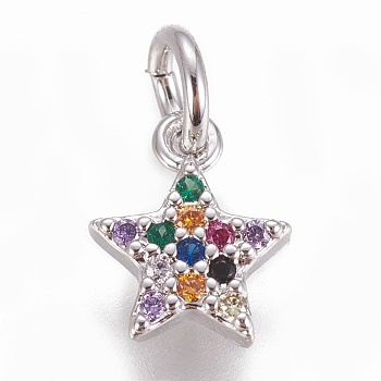 Brass Micro Pave Cubic Zirconia Charms, Star, Colorful, Platinum, 8.5x7x2mm, Hole: 3mm