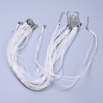 Jewelry Making Necklace Cord, Organza Ribbon & Waxed Cotton Cord & Silver Color Plated Iron Clasp, White, 17 inch