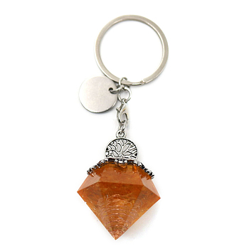 Reiki Energy Natural Citrine Chips in Resin Diamond Shape Pendant Keychain, with Tree of Life Charm, 9cm