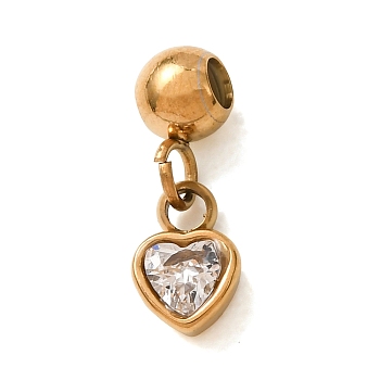 304 Stainless Steel Pave Clear Cubic Zirconia Charms, with Silicone inside, Heart Charms, Single Stone Charms, Golden, 12mm, Hole: 0.6mm