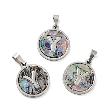 304 Stainless Steel with Paua Shell Pendants, Stainless Steel Color, Flat Round with Letter Charm, Letter.Y, 18x16x1.5mm, Hole: 3x6mm