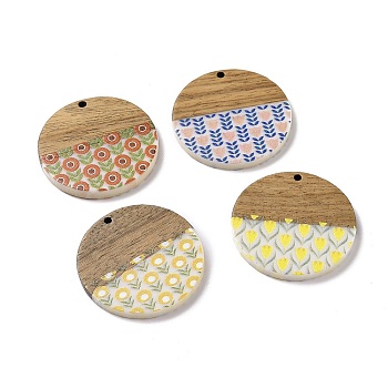 Opaque Resin & Walnut Wood Pendants, Flat Round Charms with Flower Pattern, Mixed Color, 35x4mm, Hole: 2mm