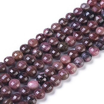 Natural Rhodonite Beads Strands, Faceted, Flat Round, 8~8.5x5~6.5mm, Hole: 0.8mm, about 48~50pcs/strand, 15.35 inch(39cm)long