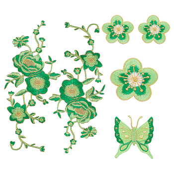 7Pcs 4 Style Embroidered Cloth Patch, Adhesive/Sew on Patches, Costume Accessories, Lime Green, 48~238x48~97x1~2mm