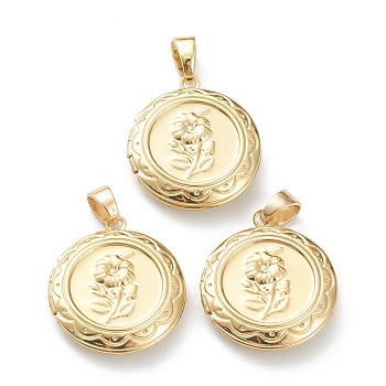 Brass Locket Pendants, Photo Frame Pendants for Necklaces, Flat Round with Flower, Real 18K Gold Plated, 22.5x20x4.5mm, Hole: 4.5x3mm, 14mm Inner Diameter