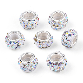 Polymer Clay Rhinestone European Beads, Large Hole Beads, Rondelle, with Silver Color Plated Brass Cores, Crystal AB, 10~12x7~8mm, Hole: 5mm