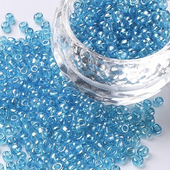 Glass Seed Beads, Trans. Colours Lustered, Round, Light Cyan, 3mm, Hole: 1mm, about 10000pcs/pound