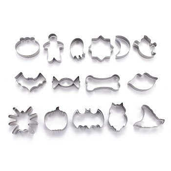 Stainless Steel Halloween Theme Mixed Pattern Cookie Candy Food Cutters Molds, for DIY, Kitchen, Baking, Kids Birthday Party Supplies Favors, Stainless Steel Color, 75x32x20mm, 15pcs/Set