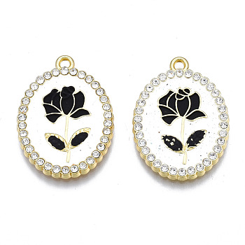 Rack Plating Alloy Enamel Pendants, with Crystal Rhinestone, Cadmium Free & Nickel Free & Lead Free, Light Gold, Oval with Flower of Life, Black, 27x19.5x2.5mm, Hole: 1.6~1.8mm
