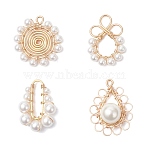 4Pcs 4 Styles Shell Pearl Round Beaded Copper Wire Wrapped Pendants, with Brass Findings, Mixed Shapes, White, Golden, 25.5~28x19~24x4~10mm, Hole: 2~18x2~4.4mm, 1pc/style(PALLOY-TA00328)